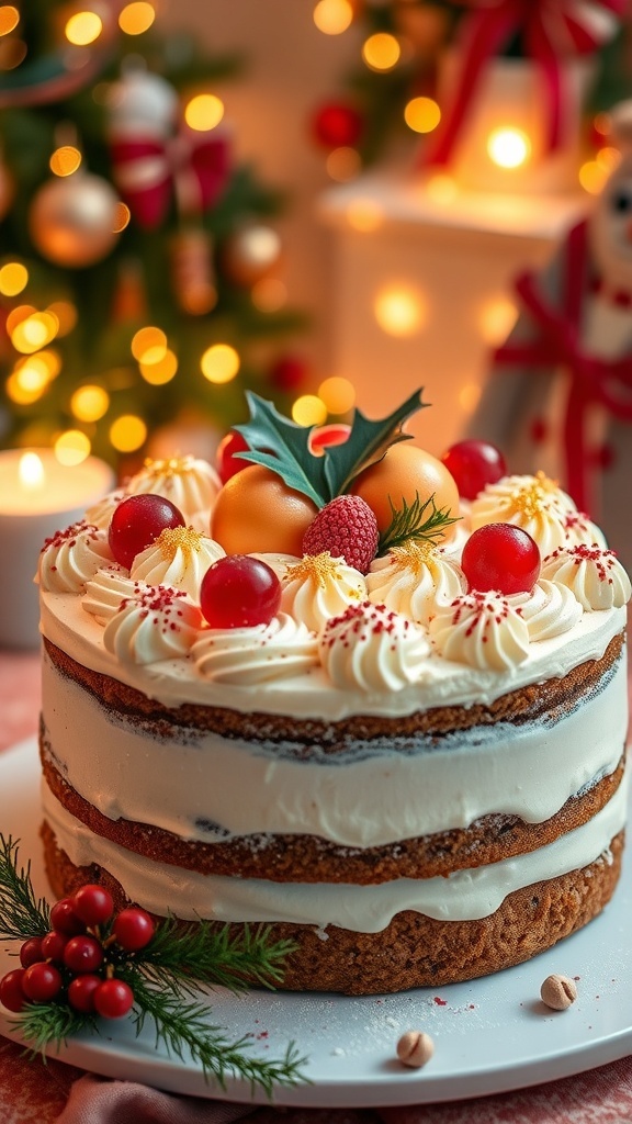 A festive Christmas cake decorated with fruits and glitter in a holiday setting.
